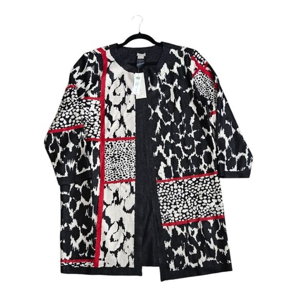Chico's Travelers Reversible Black White Patterned Red Accents Crushed Jacket 3 - Picture 5 of 11